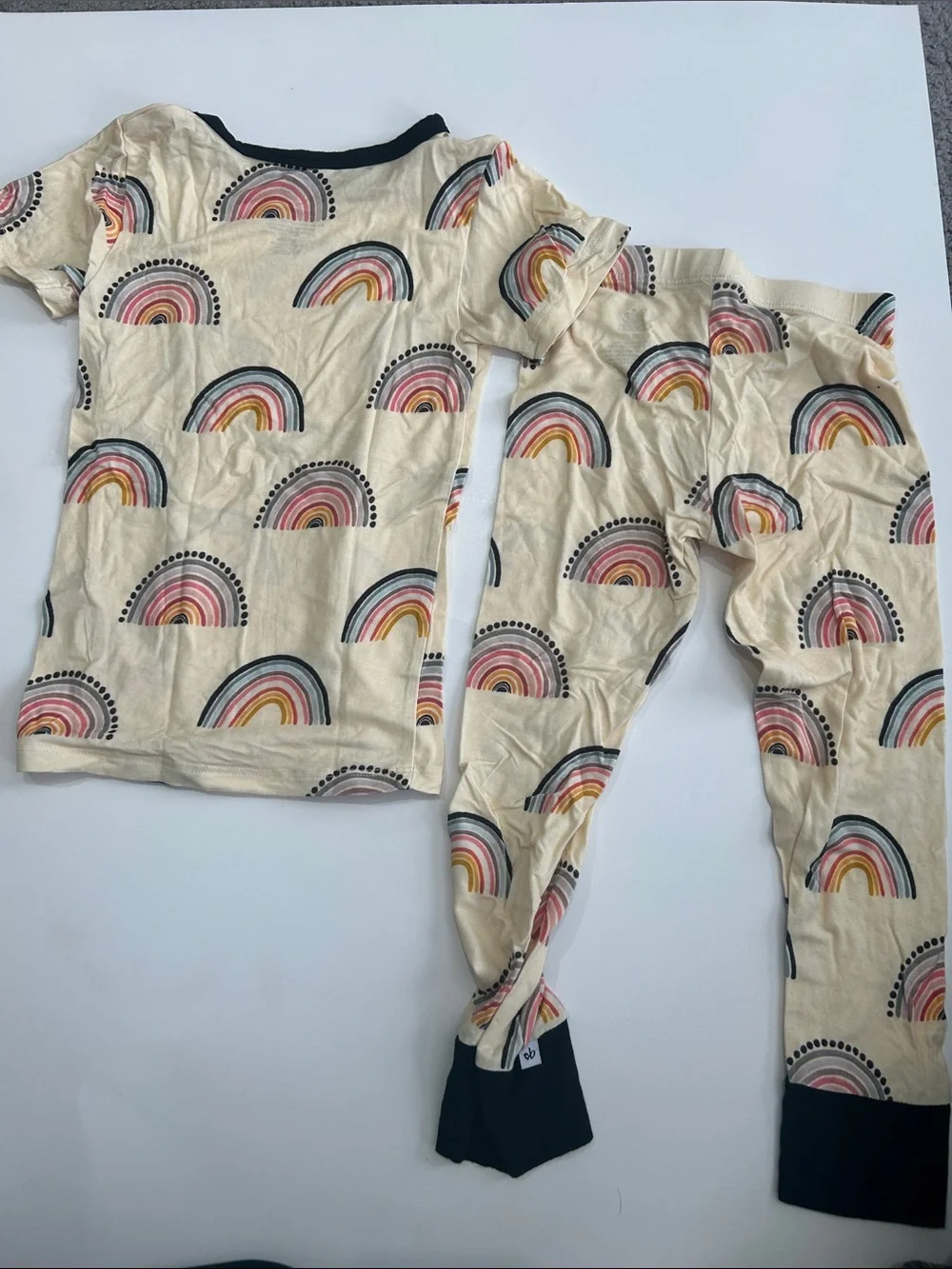 Cream Rainbow Print Kids Pajama Set with Navy Trim